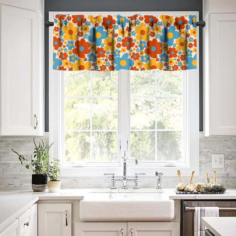 JanJCurt Vintage Daisy Flowers Valance, Abstract Retro 70s Hippie Groovy Blue Orange Red Daisy Floral Print Blackout Short Window Curtain Valance for Kids Bedroom Living Room, 54x18inch - Image 3